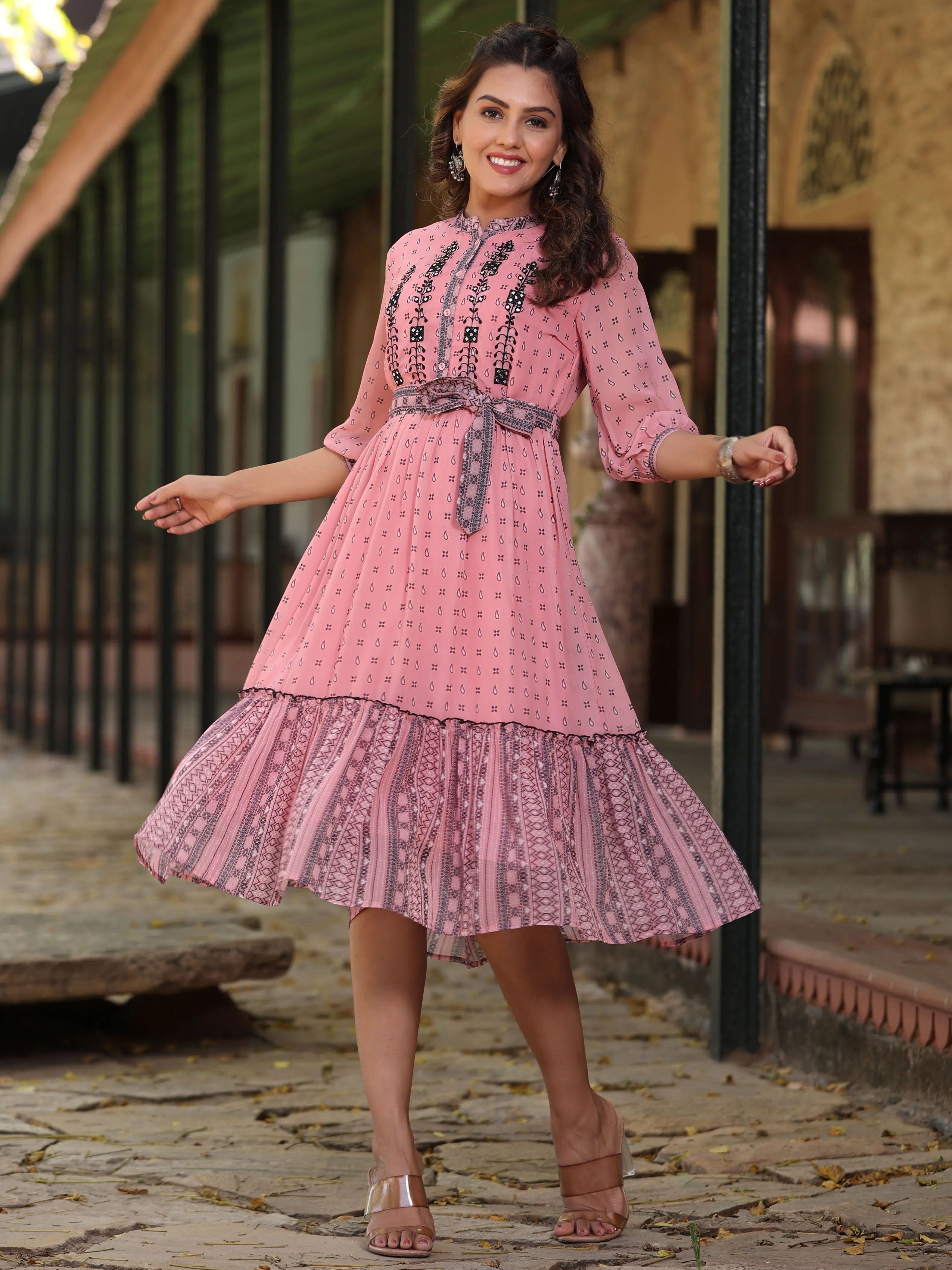 Plus Size Women Wear Juniper Women's Pink Georgette Printed Flared Dress