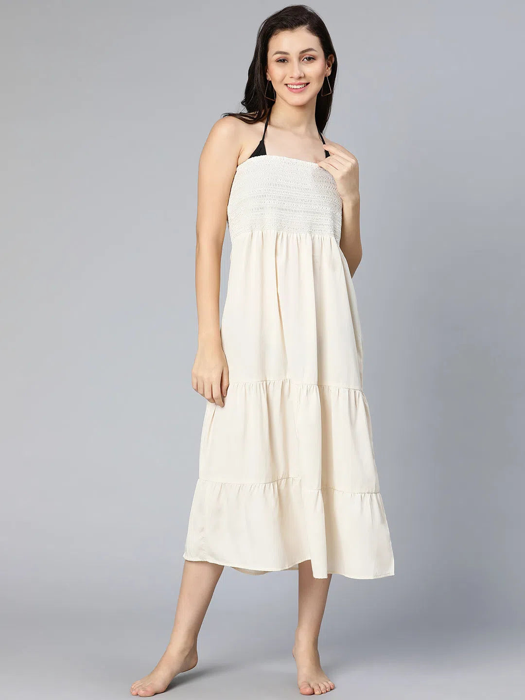 Eclectic Fashion Bingo beige elasticated off -shoulder women beachwear dress