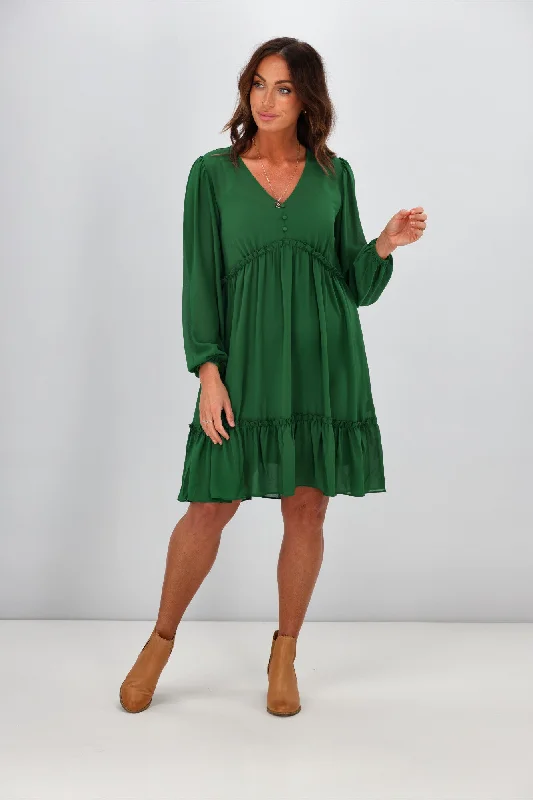 Women's Plus-Size Casual Outfit Gloss by Shine On Martha Ruffle Dress Emerald