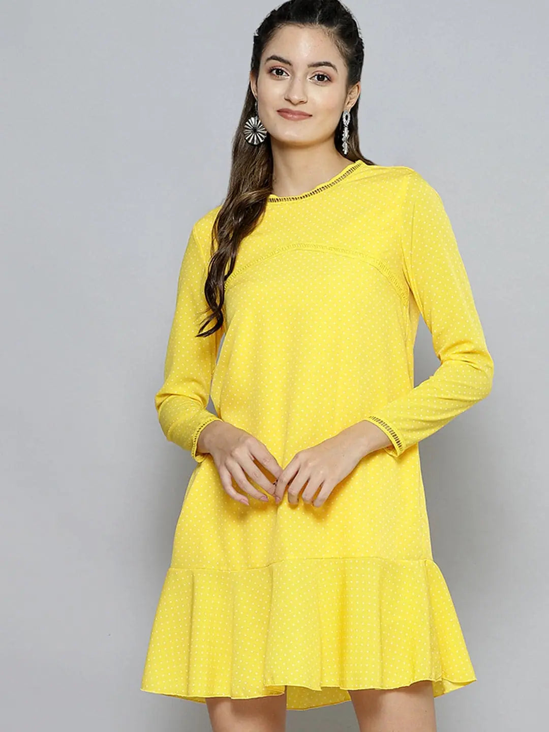 Women's Chic Outerwear Garments Women Yellow Pin Dot Frill Hem Dress