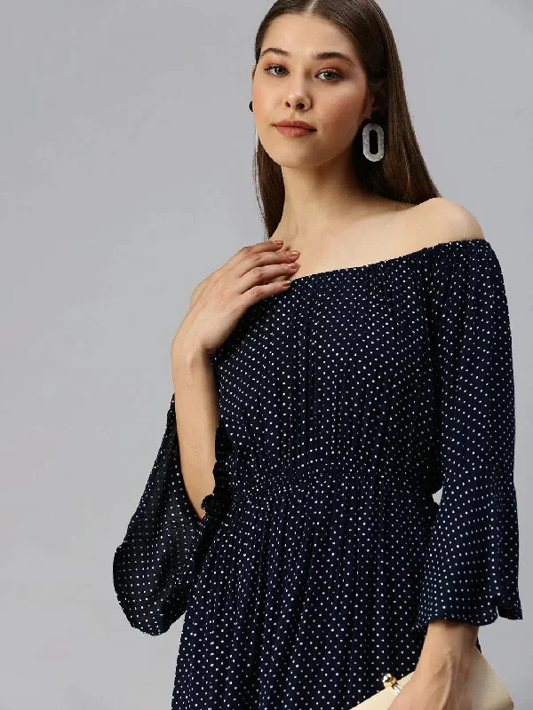 Women's Evening Garments Women's Blue Printed Empire Dress-AE-9888-Navyblue
