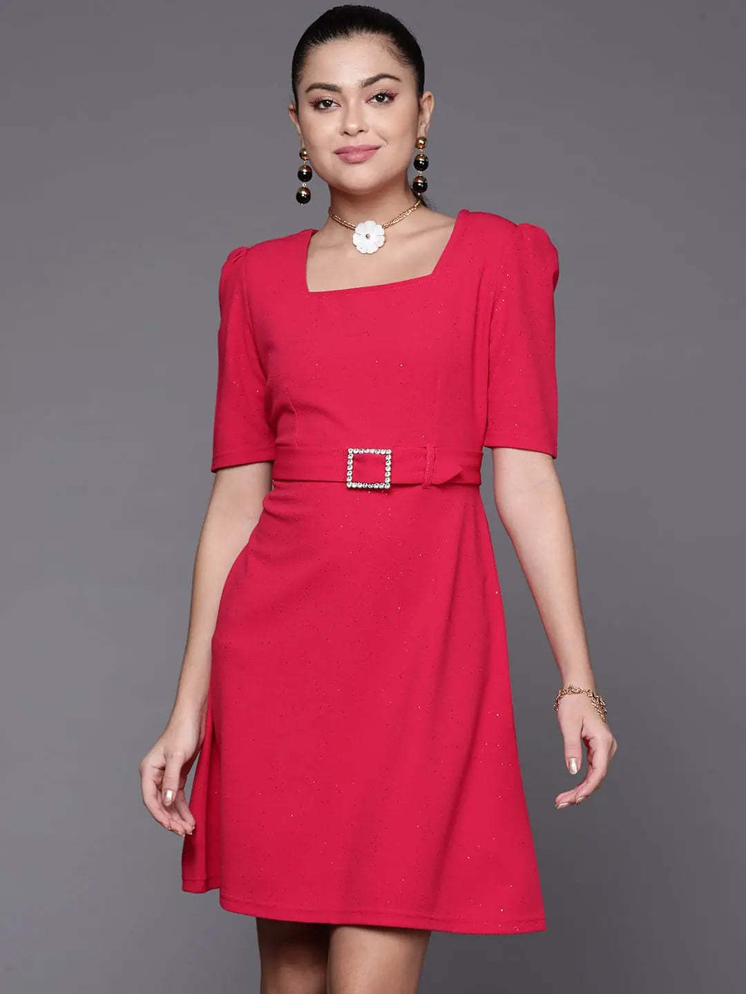 Stylish Women's Clothes for Work and Play Women Fuchsia Shimmer Square Neck A-Line Belted Dress