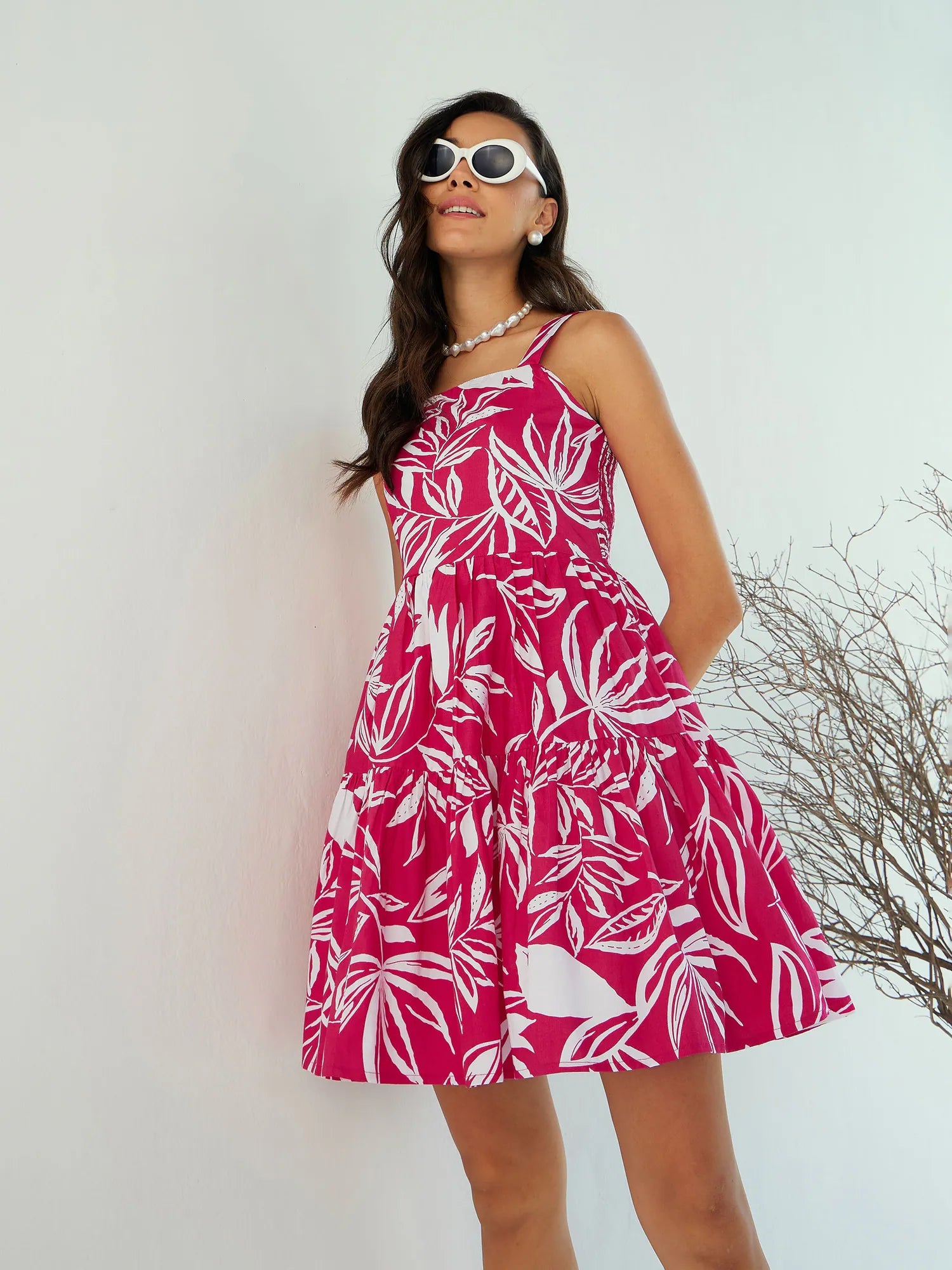 Casual Women's Clothing Women Fuchsia & White Strappy Dress-SFDRSS12439