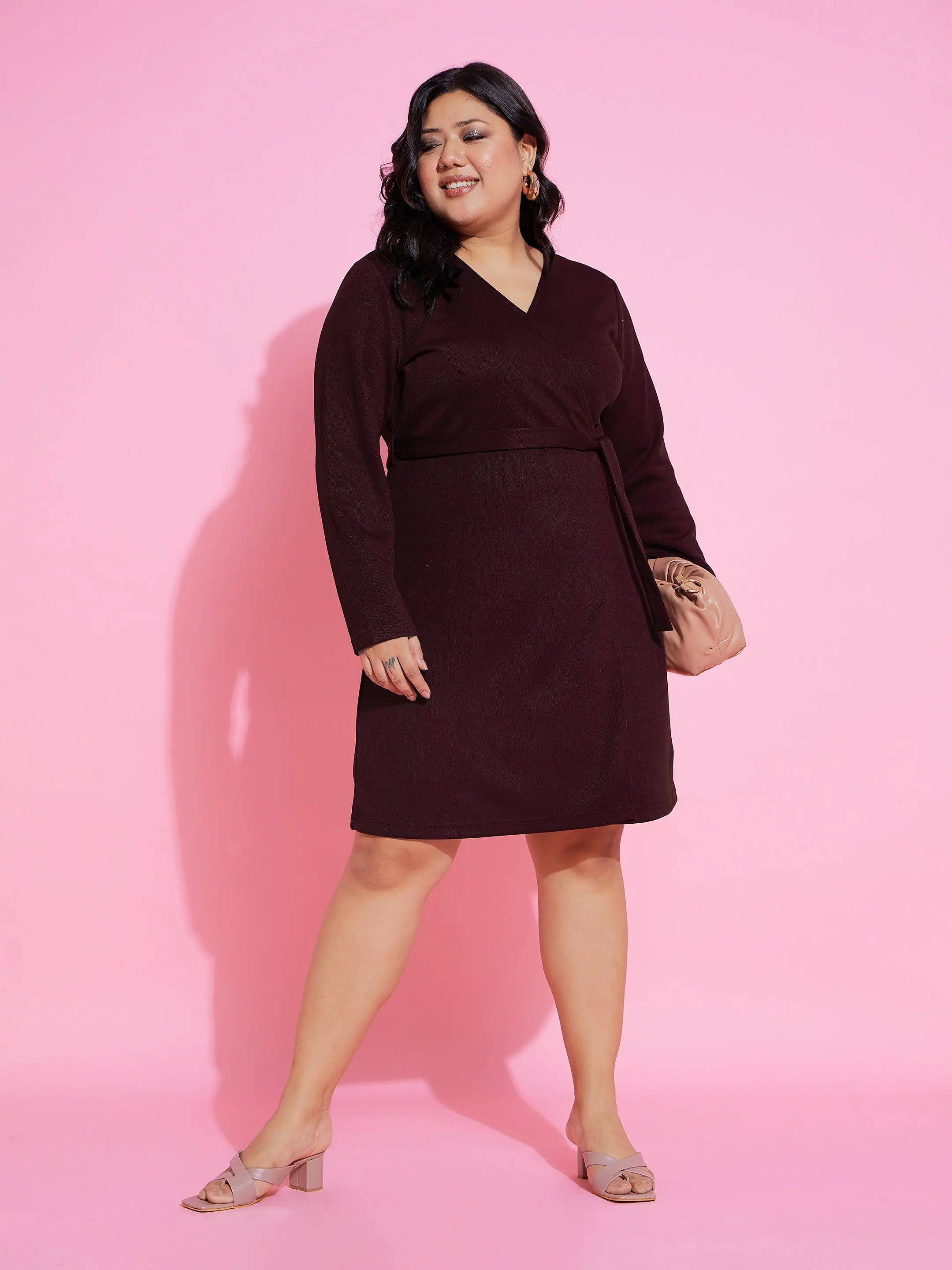Women's Clothes And Garments Women Maroon Rib Wrap Straight Dress