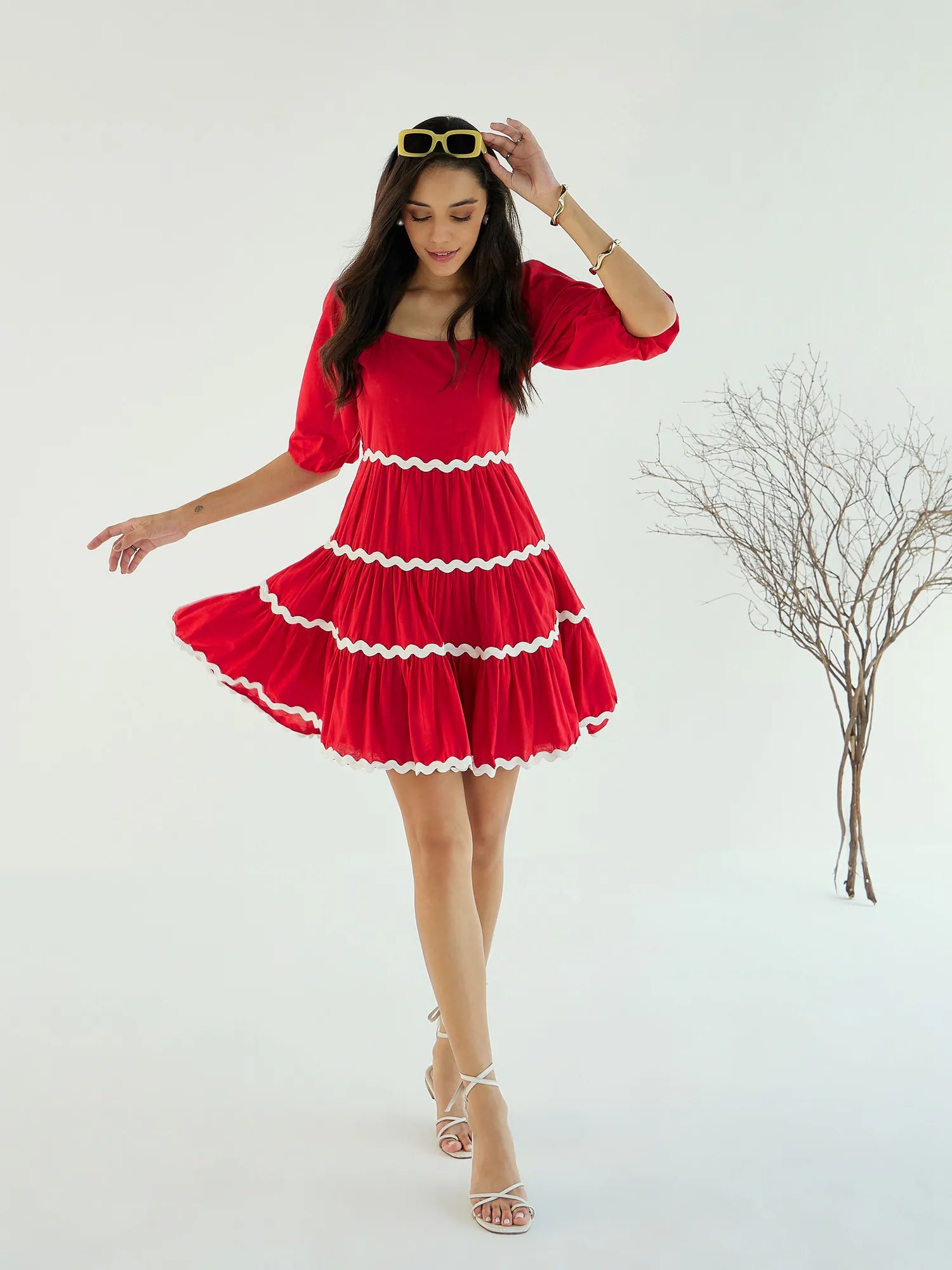 Timeless Women's Garments Women Red Ric Rac Lace Flared Short Dress-SFDRSS12434