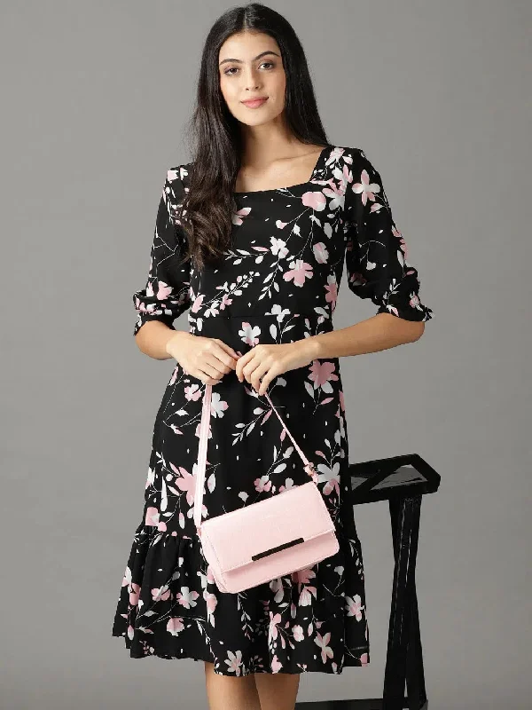 Women's Fashion Clothes Women's Black Printed Fit and Flare Dress-AE-15846-Black