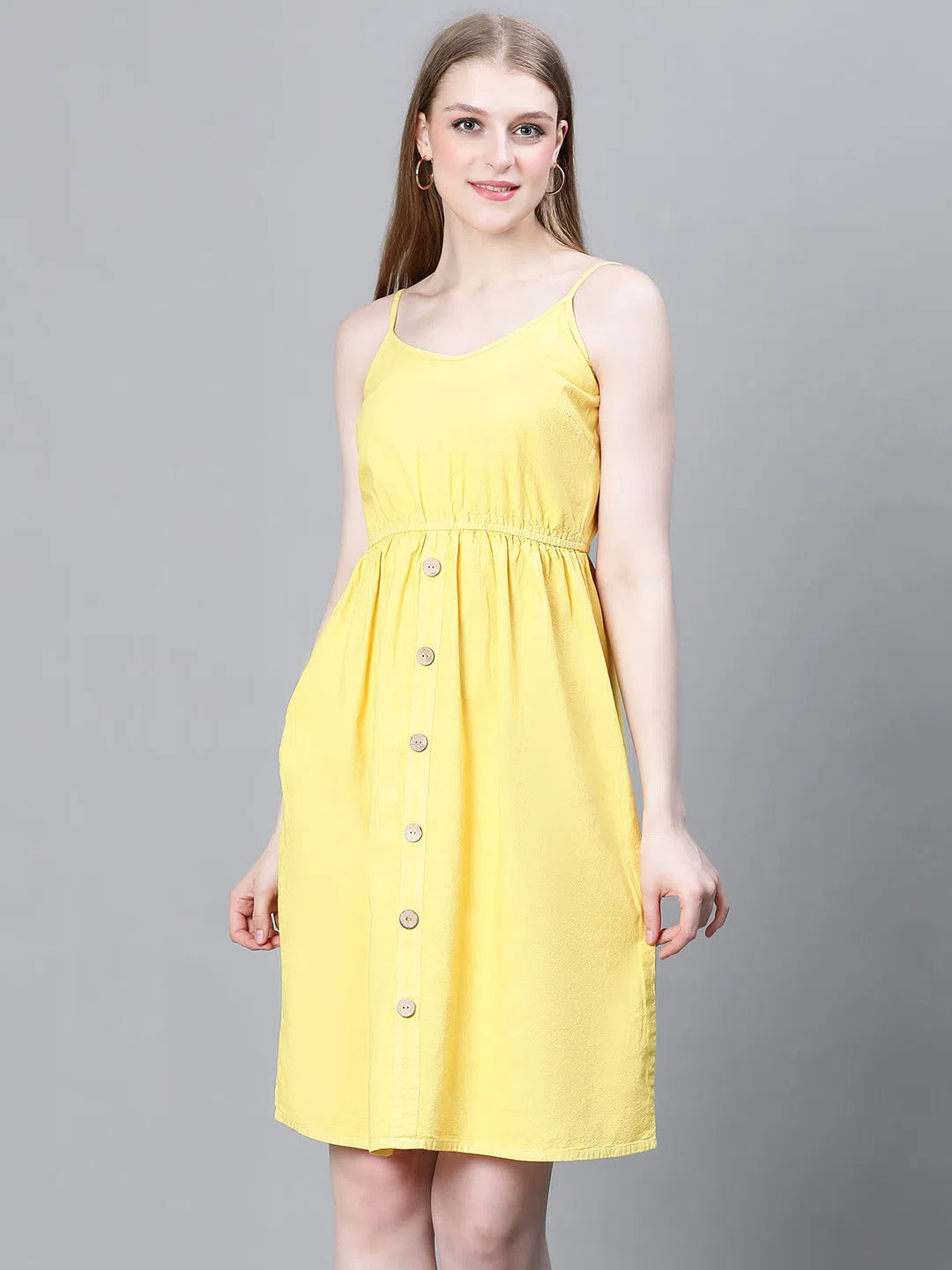 Women's Clothing Sale Women Yellow Shoulder Strap Button-Down Multipurpose Beachwear Cum Casual Cotton Dress-W23031WBW002