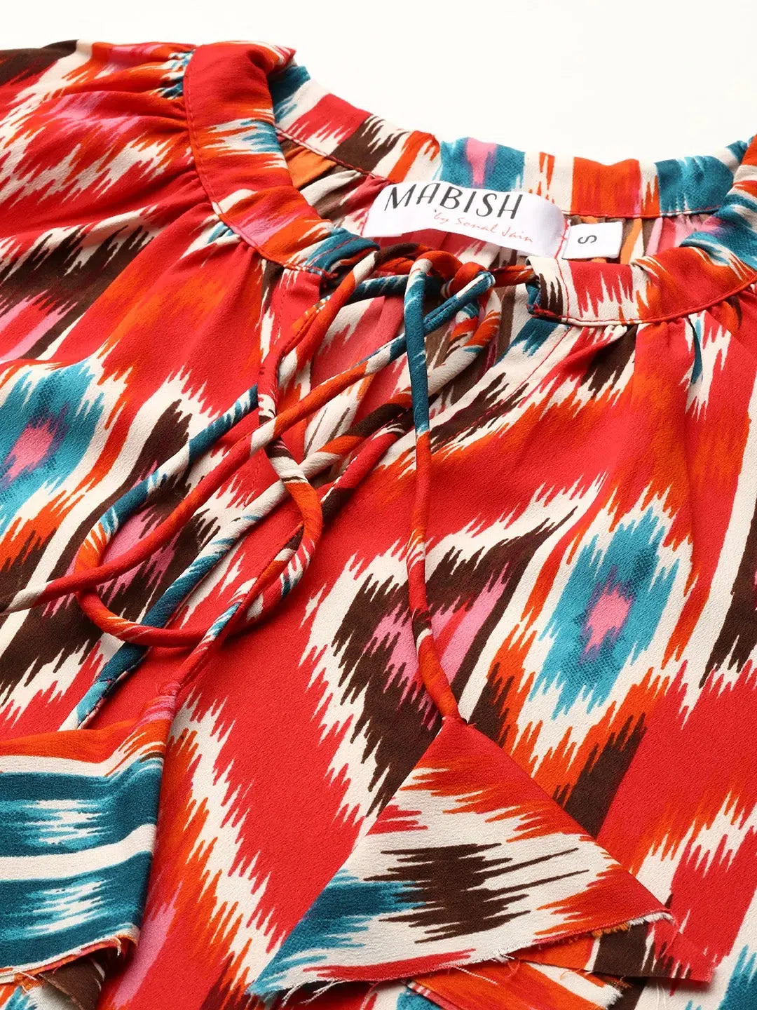 Formal Garments For Women Mini Printed layered dress with balloon sleeve in Red Ikkat Print