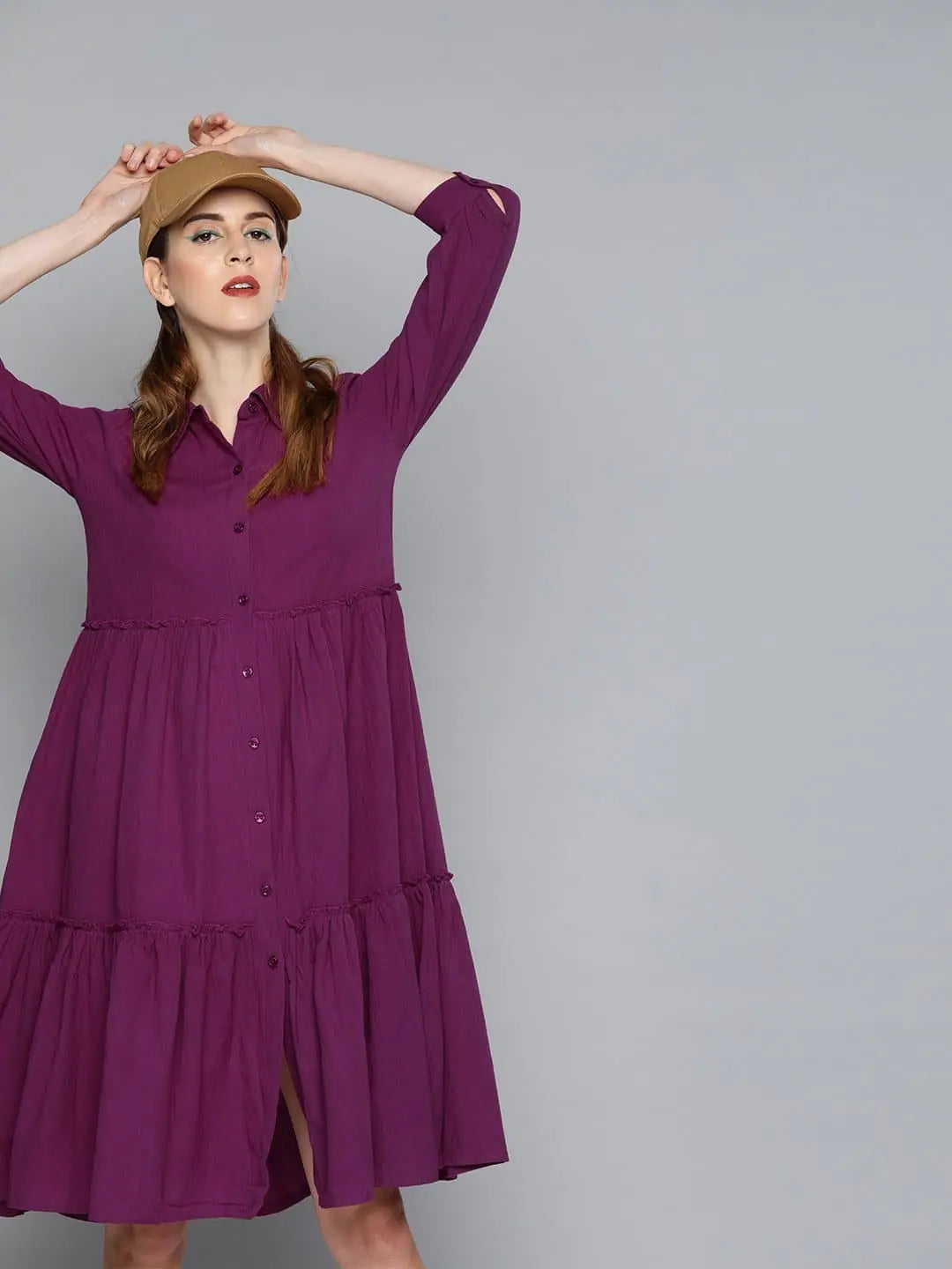 Women's Clothes for All-Day Comfort and Style Purple Front Open Tiered Dress