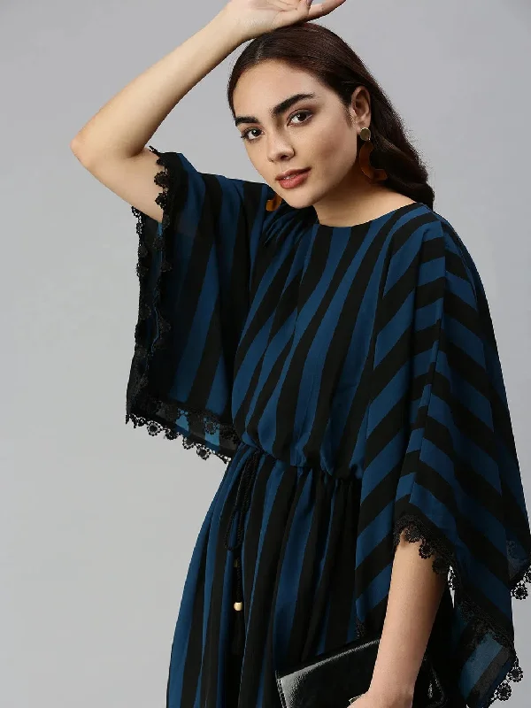 Plus-Size Women's Garments Women's Black Striped Kaftan Dress-SP-5846-Blackblue