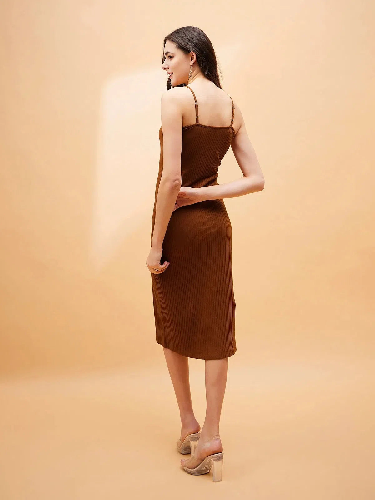 Chic Women's Garments Women Brown Rib Strappy Dress