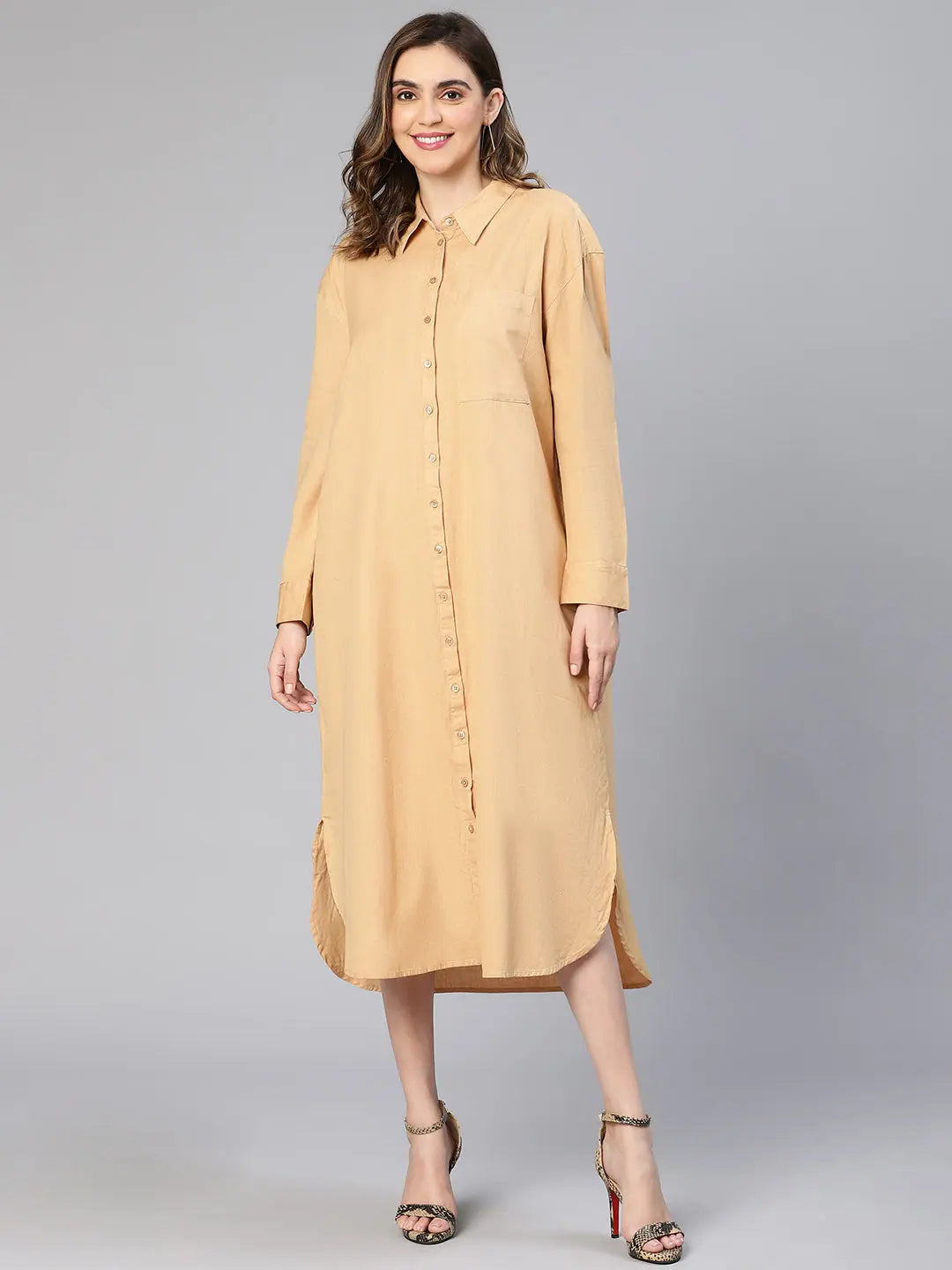 Clothing Brands Intersting Beige Button -Down Collared Women Cotton Dress
