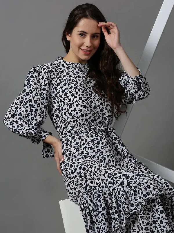 Women's Vintage-Inspired Clothing Women's White Printed Drop-Waist Dress-AE-15621-White