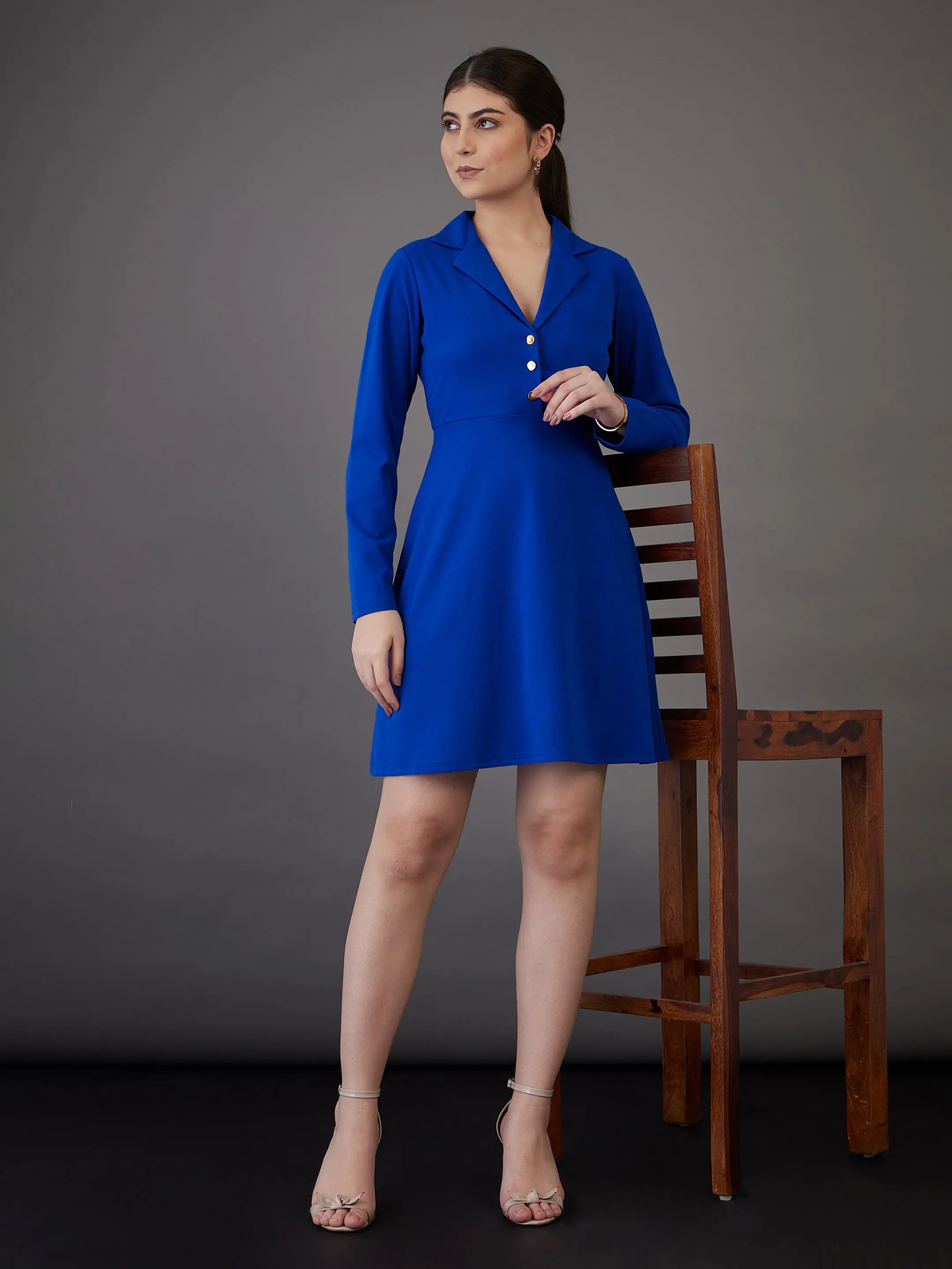 Women's Chic Outerwear Outfit Women Royal Blue Notch Collar Full Sleeves Dress