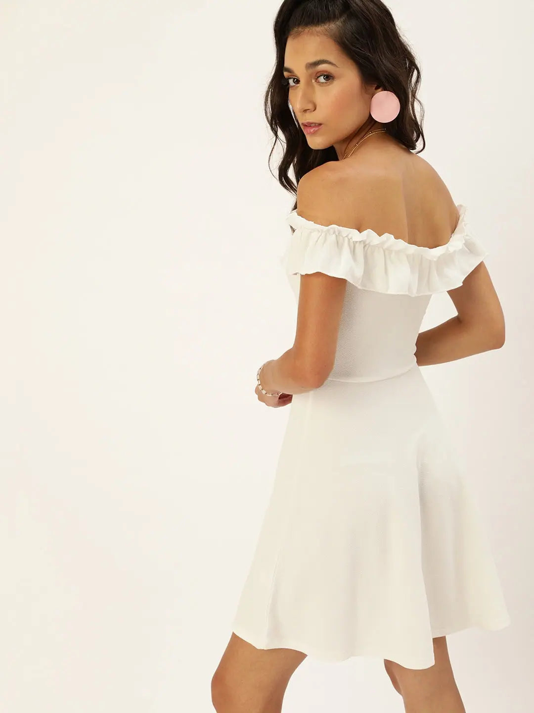Trendy Women's Wear Veni Vidi Vici White Frilled Bardot Skater Dress