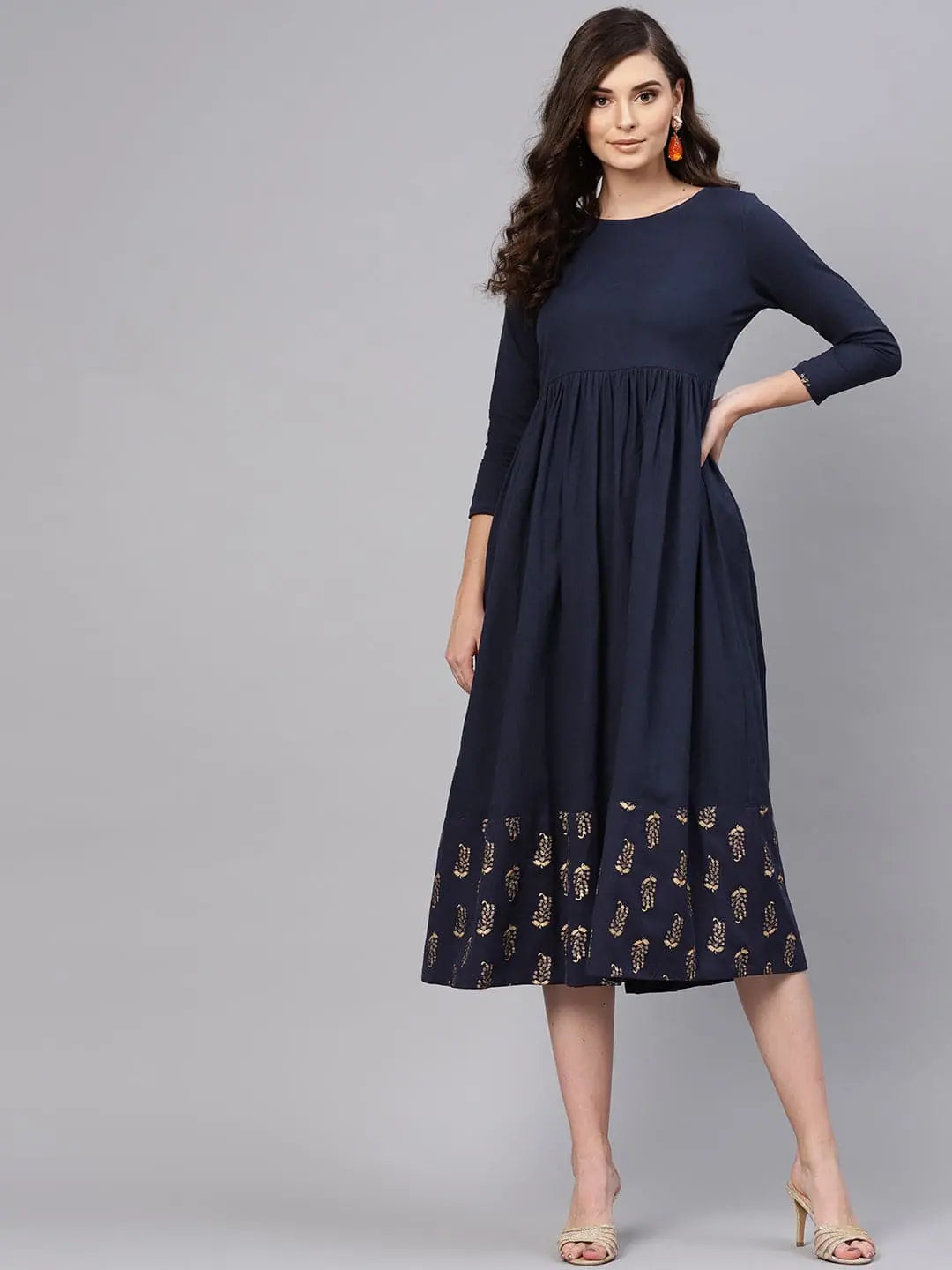Stylish Dresses for Women Navy Foil Printed Gathered Dress