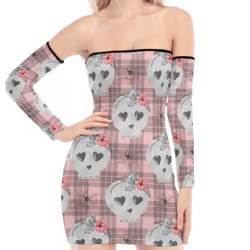 Stylish Savings Women's Pink Squares With White Skulls Off-shoulder Back Lace-up Dress