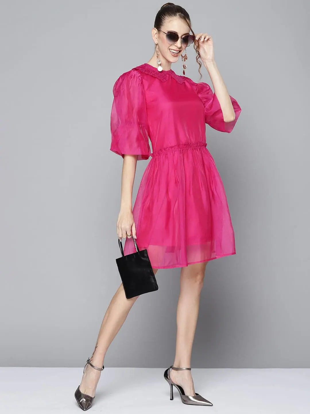 Women's Cozy Clothes Women Magenta Embroidered Collar Organza Dress