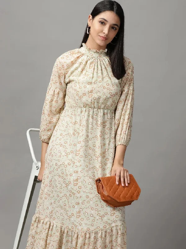 Women's Clothes Women's Green Printed Fit and Flare Dress-AE-15607-Green