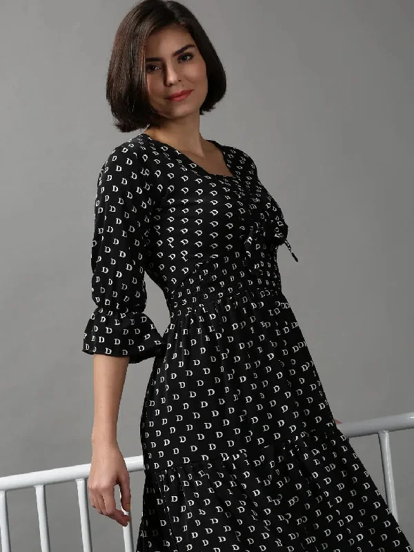 Women's Everyday Clothes Women's Black Printed Fit and Flare Dress-AE-15617-Black