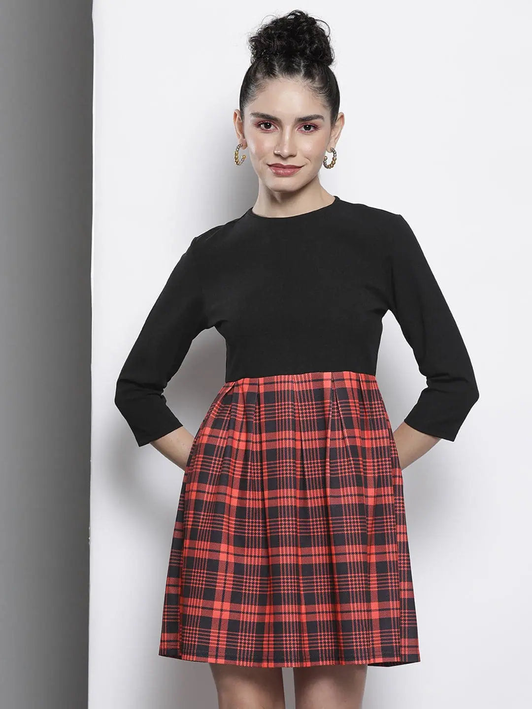 Timeless Women's Garments Women Red Check Knit Pleated Skater Dress