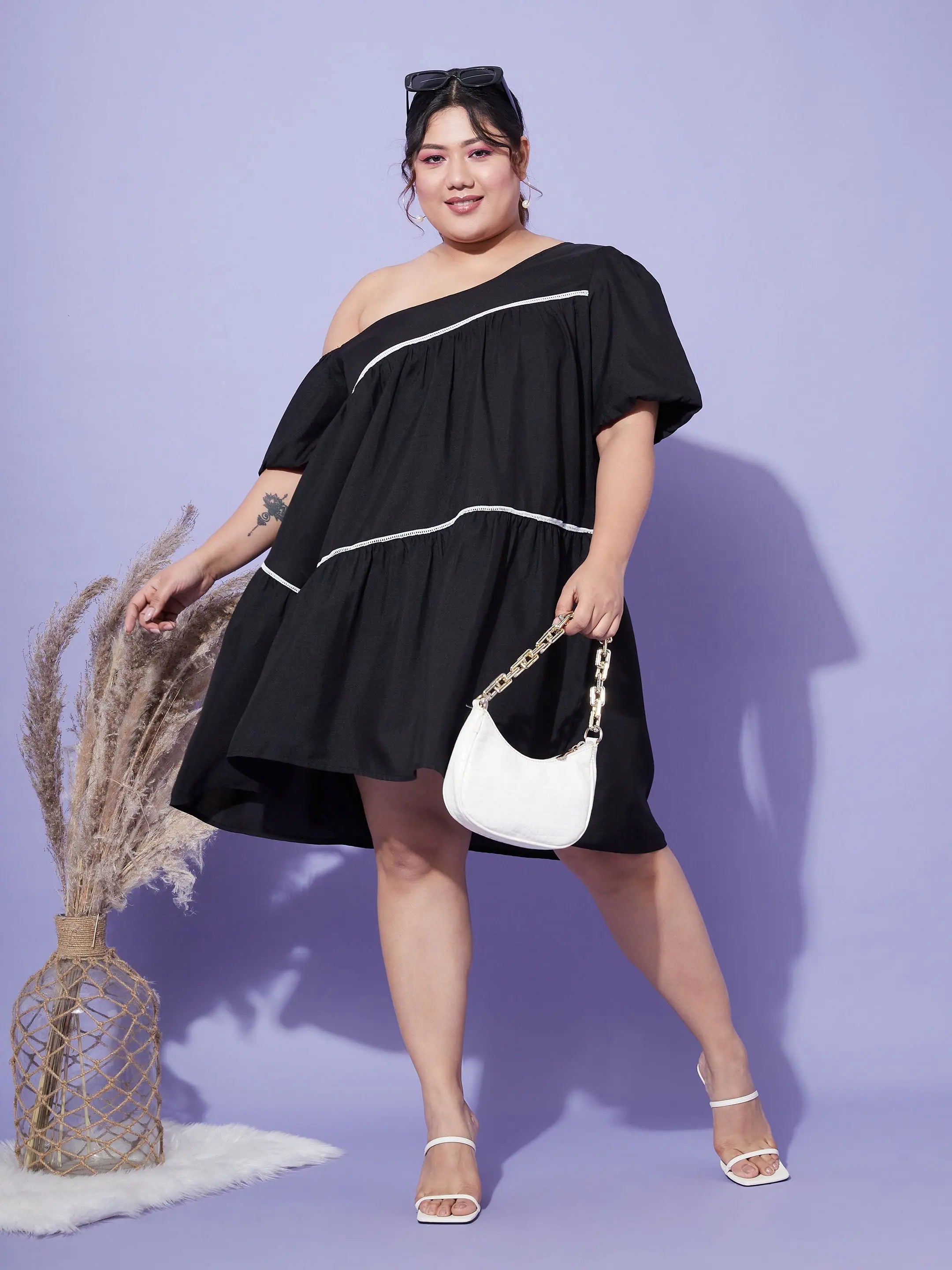Women Clothes Women Black One Shoulder Loose Fit Short Dress