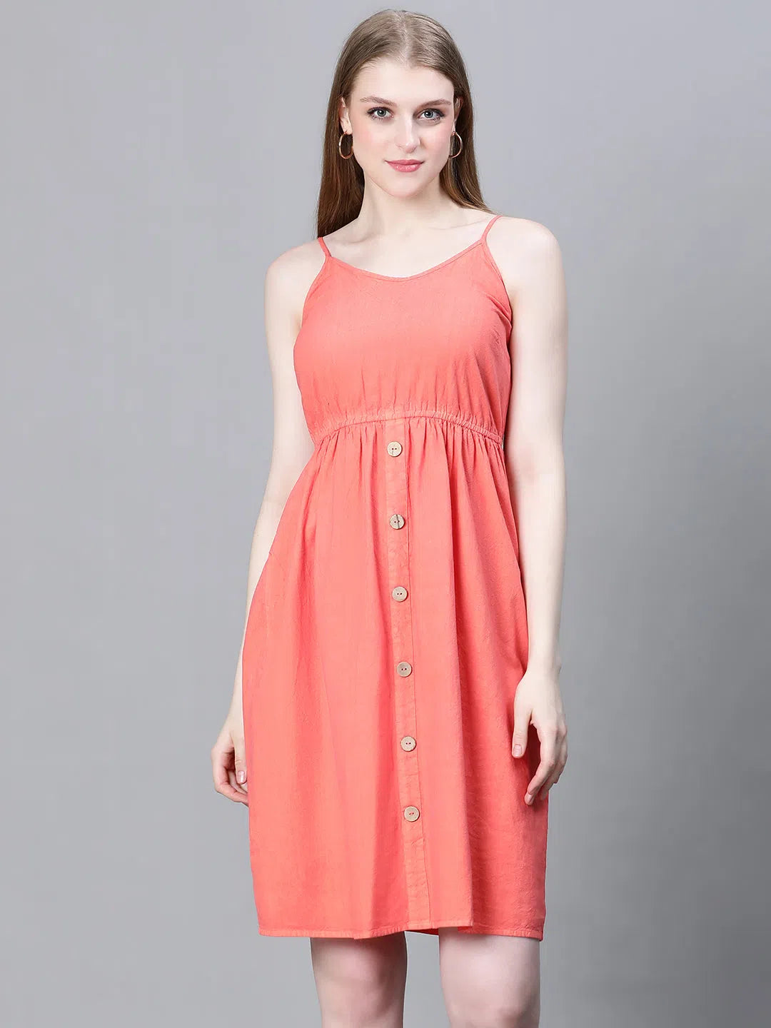 Clothing Store Women Red Shoulder Strap Button-Down Multipurpose Beachwear Cum Casual Cotton Dress-W23031WBW003