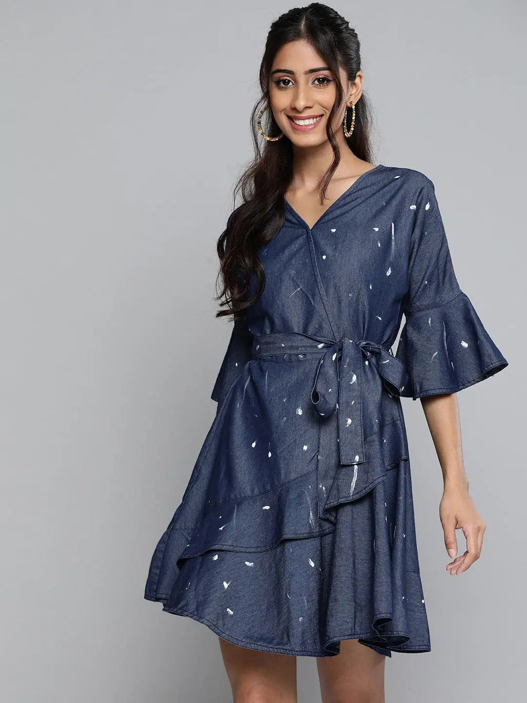 Women's Clothing Boutique Blue Denim White Paint Wrap Skater Dress