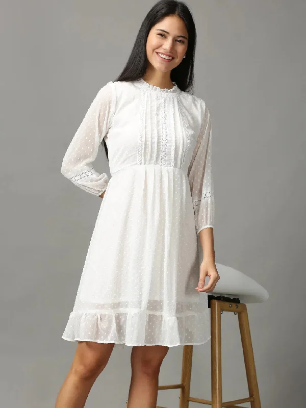 Women's Clothes Women's White Solid Fit and Flare Dress-HQ-23-White