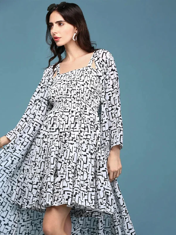 Women's Stylish Outdoor Outfit Women's White Printed Fit and Flare Dress-AE-15894-White