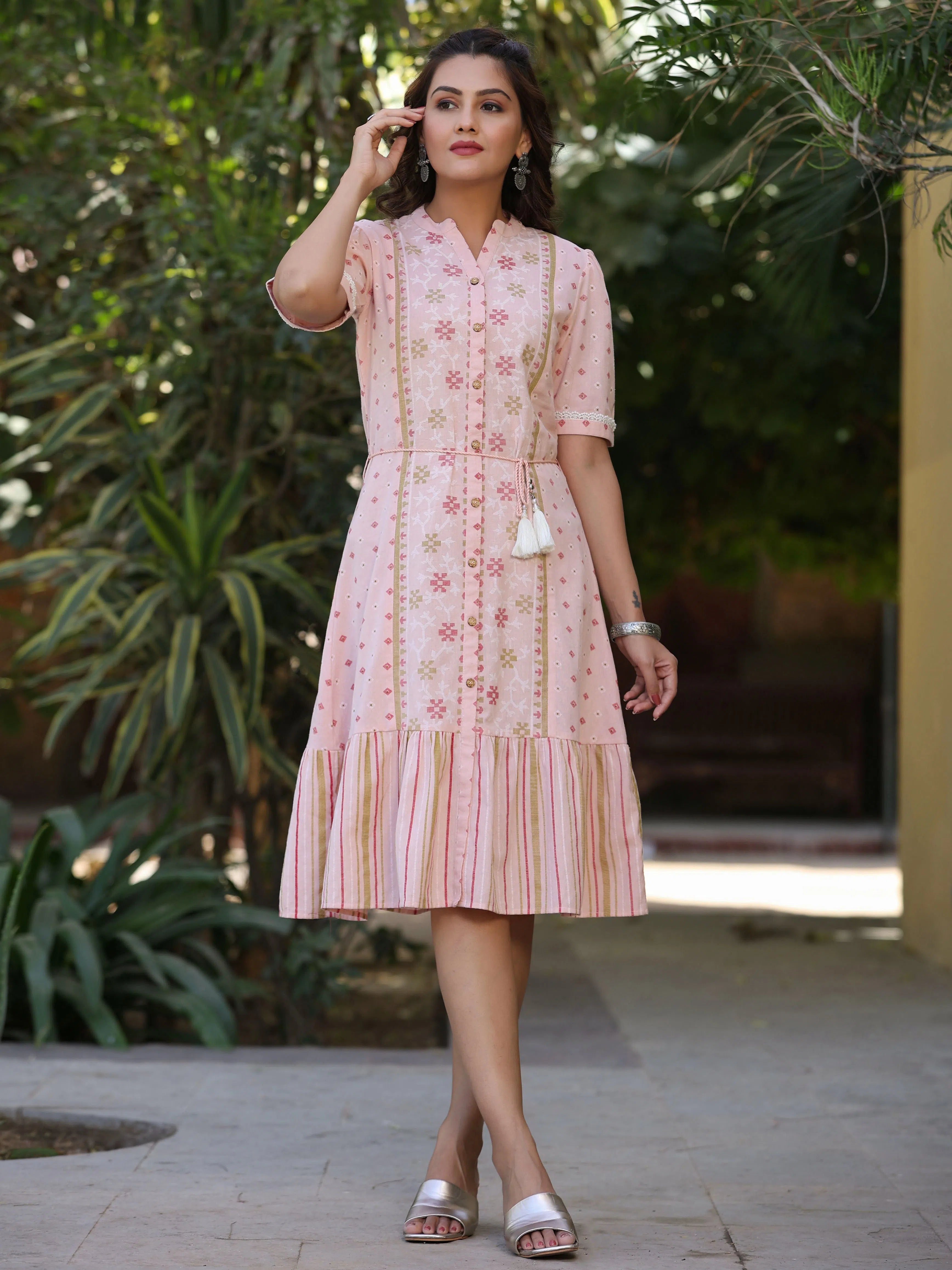 Tailored Clothing For Women Juniper Women'S Pink Cotton Printed Embroidered Flared Dress