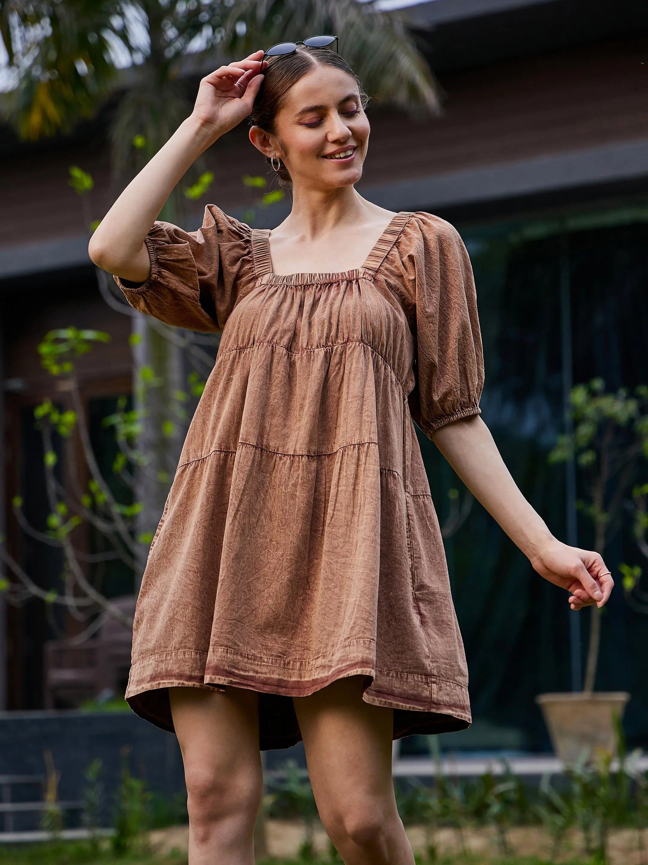 Women's Trendy Outfits Women Brown Washed Tiered Dress
