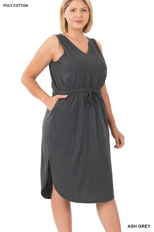 Timeless Classics Plus Size Zenana Ash Gray curved hem dress with drawstring waist
