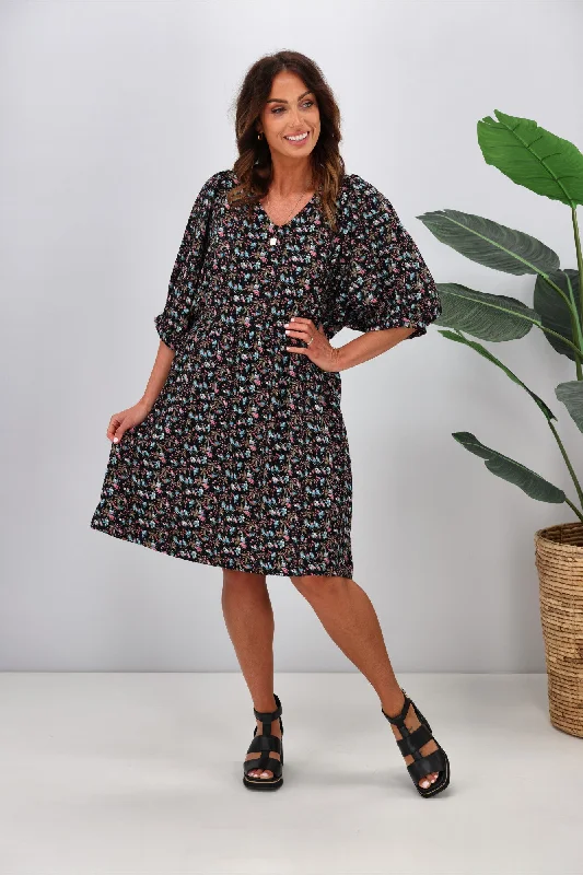 Limited Time Offer Shine On Label Nova Puff Sleeve Dress Black Ditsy