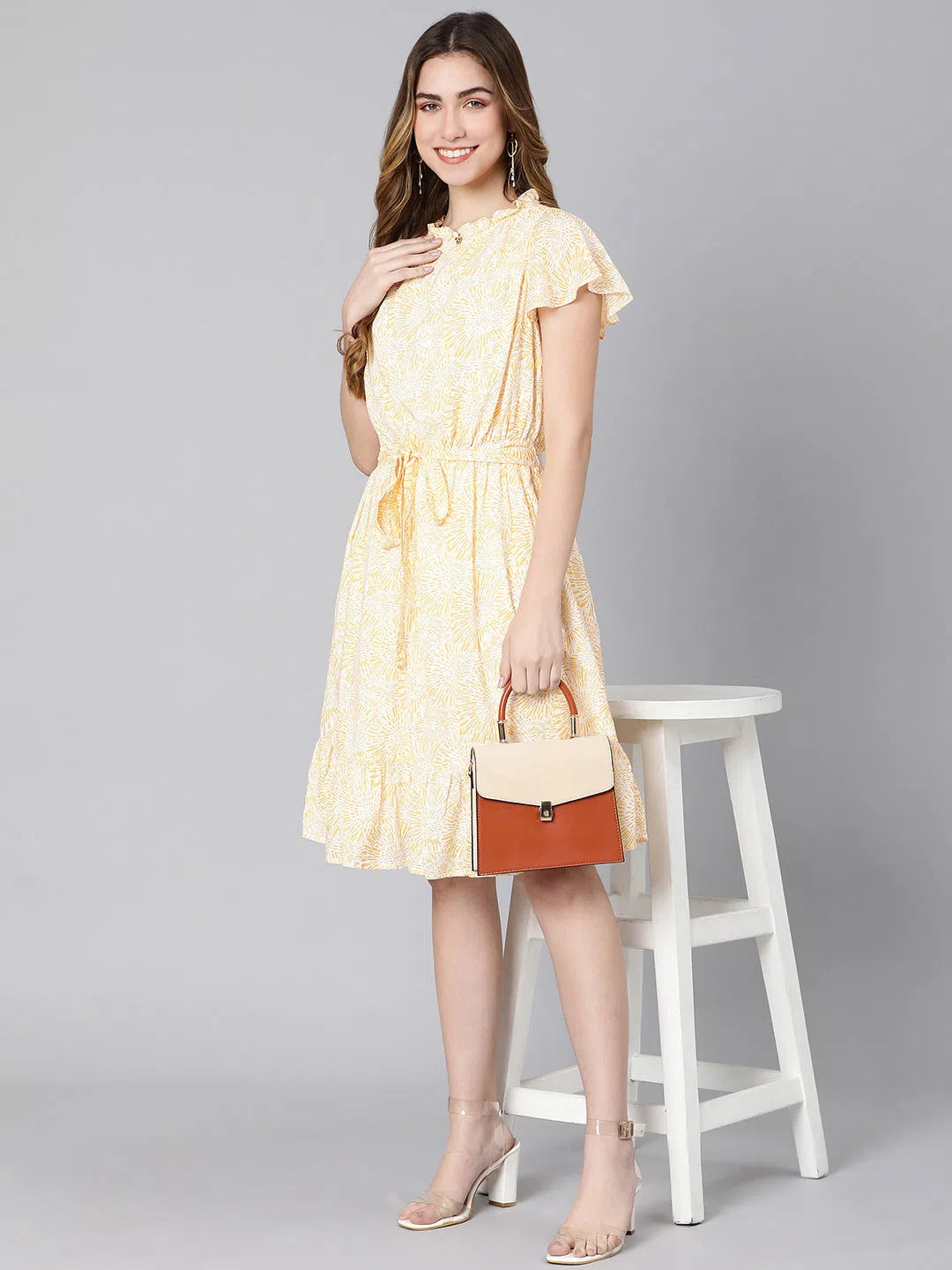 Casual Clothing For Women Yellow rose tie-knot dobby print women linned dress