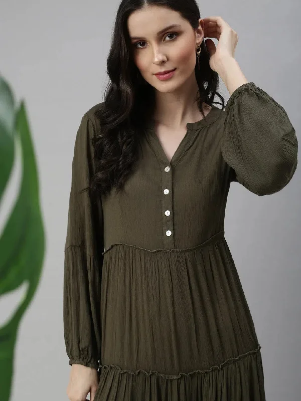 Comfy Women's Outfits for Daily Wear Women Olive Solid Fit and Flare Dress-ON-543-Olive