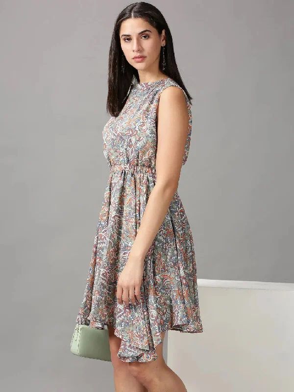 New Arrival Discount Women's Olive Aztec Fit and Flare Dress-AE-15754-Olive