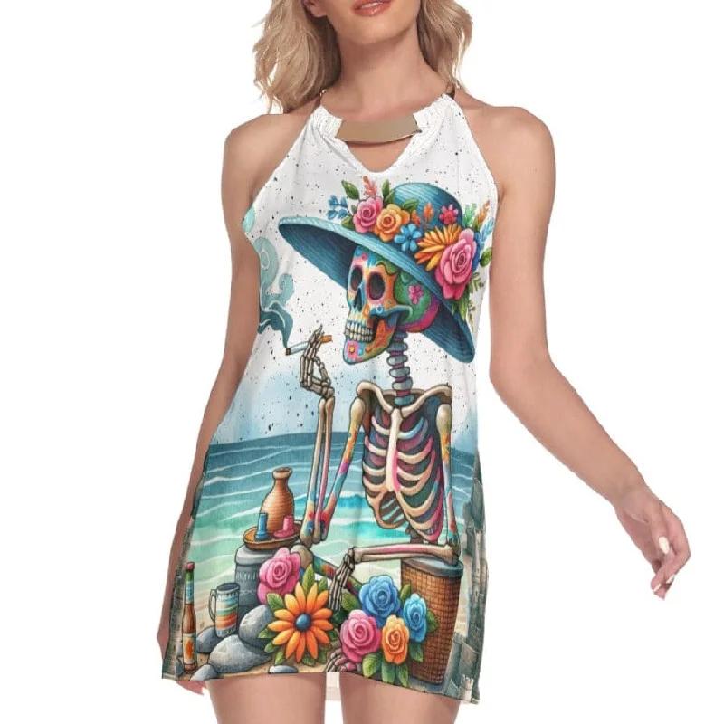 Women's Stylish Outdoor Outfit Women's Skeleton On The Beach Round Neck Above Knee Dress