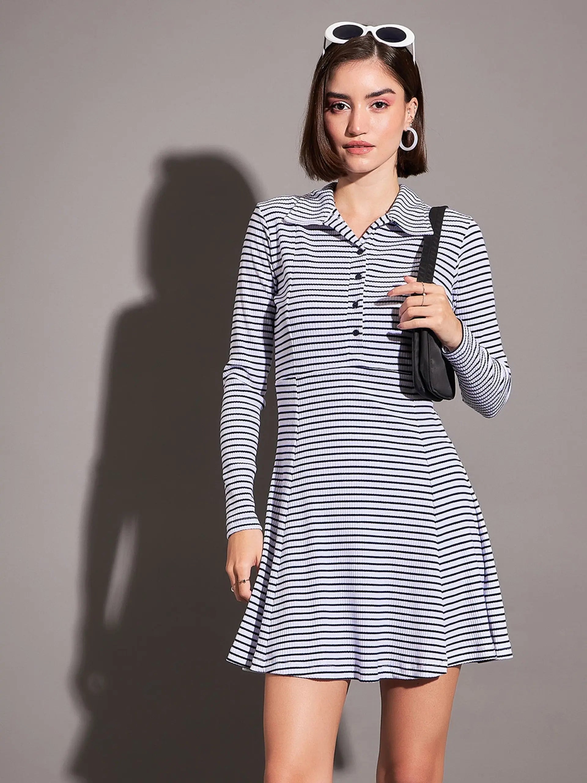 Women's Seasonal Wardrobe Clothing Women Navy & White Striped Rib Polo Neck Skater Dress