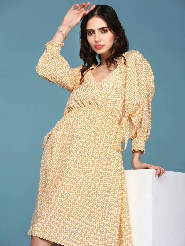Women's Occasion Wear Clothing Women's Yellow Printed Fit and Flare Dress-AE-15098-Yellow