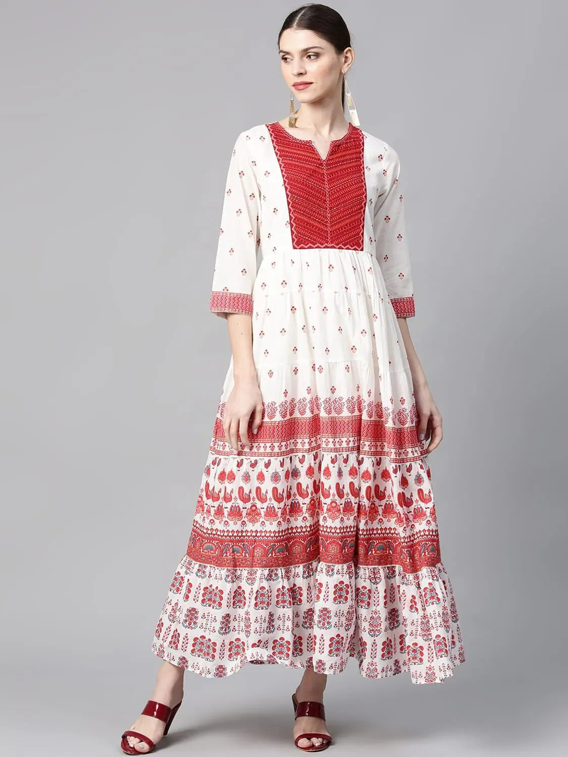 Formal Garments For Women Juniper Maroon Cotton Printed Tiered Dress