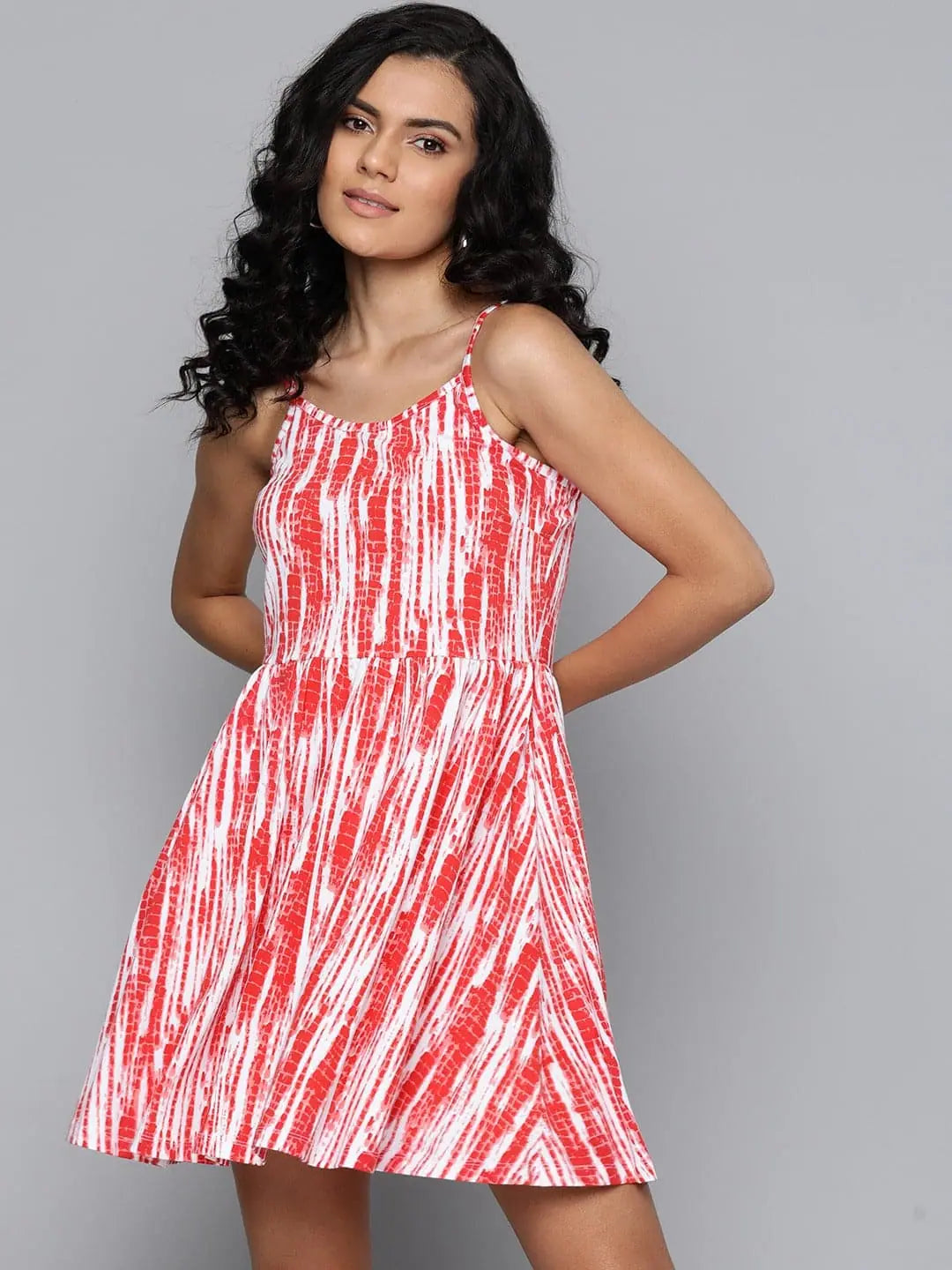 Relaxed Fit Women's Fashion Red Tie & Dye Strappy Short Dress