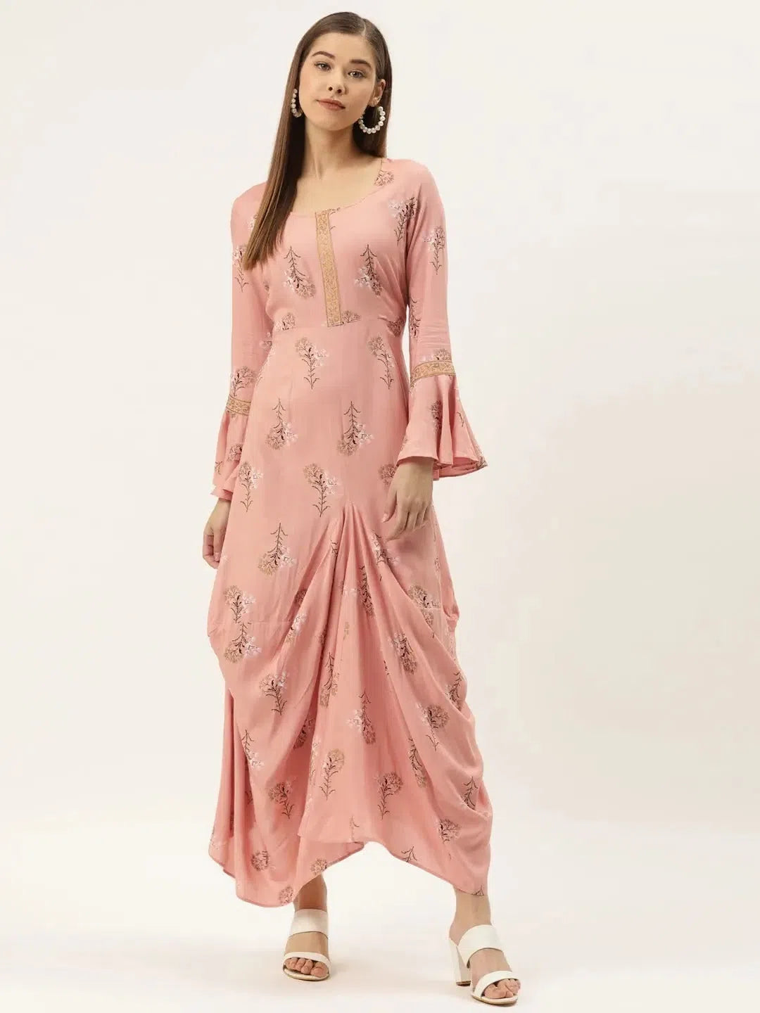 Affordable Online Boutique Bell sleeve printed long dress with front drape in dusty pink