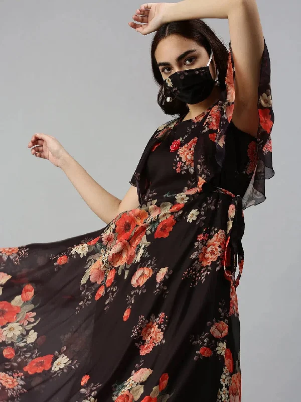 Women's Clothing For Everyday Wear Women's Black Printed Fit and Flare Dress-DW-9621-Blackorange