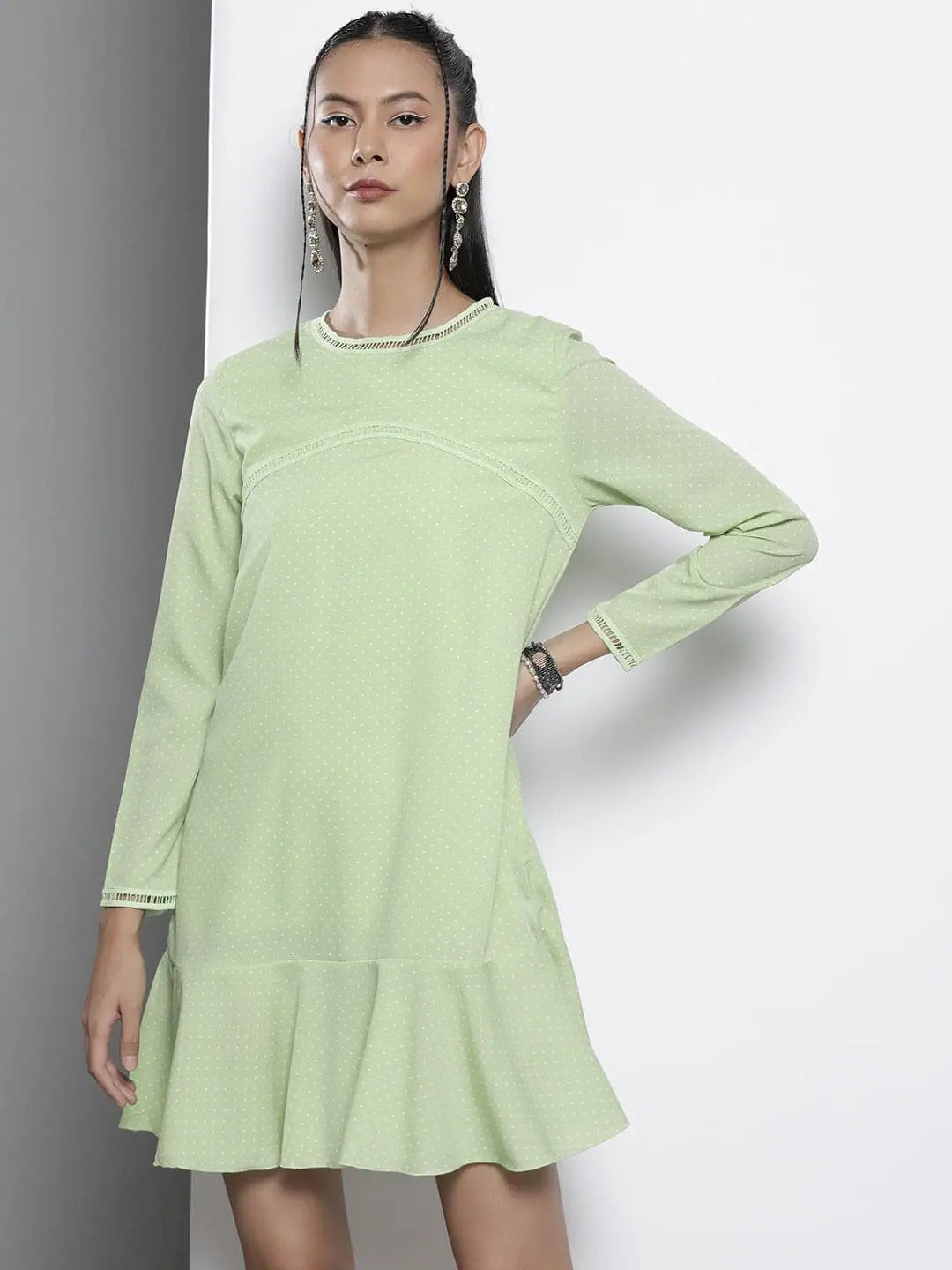 Colorful Clothing Women Green Pin Dot Frill Hem Dress