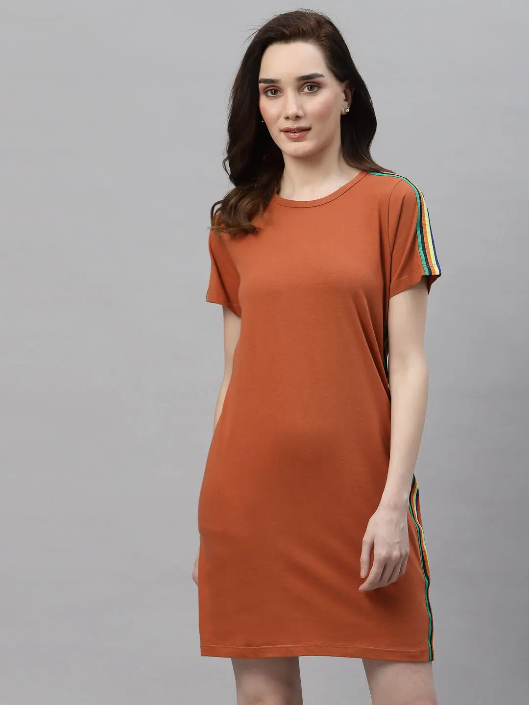 Trendy Fashion For Women Rigo Women Rust Orange Round Neck Side Tape Dress
