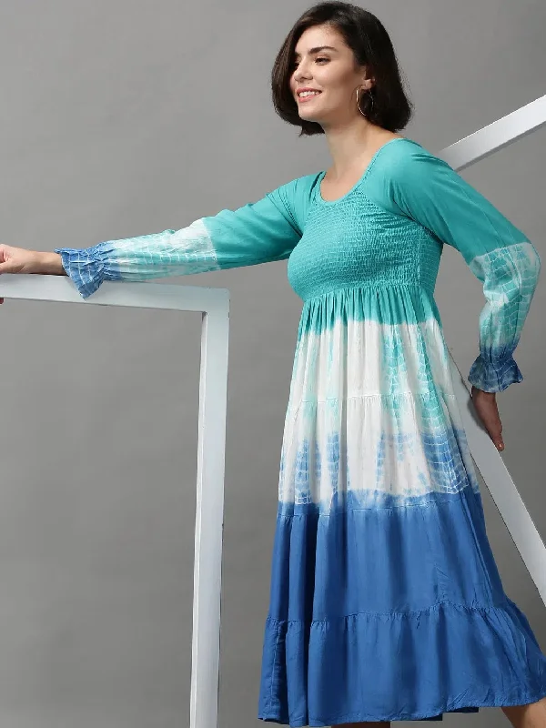 Evening Elegance Women's Blue Tie Dye Fit and Flare Dress-ON-582-Turquoiseblue