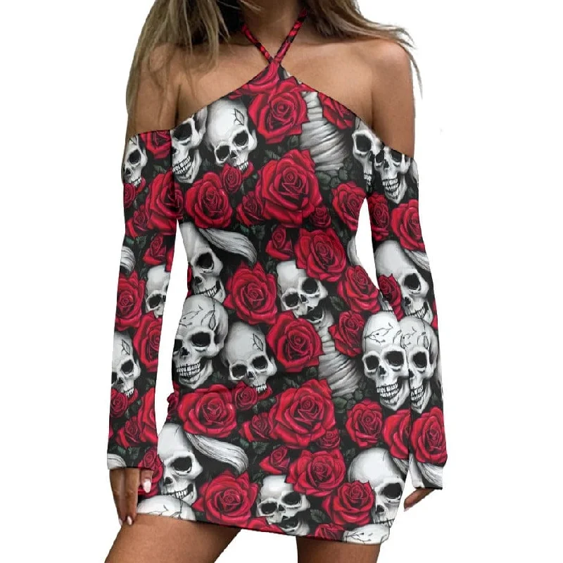Casual Chic Clothing For Women Women's Red Roses And Skulls Off Shoulder Halter Lace-up Dress