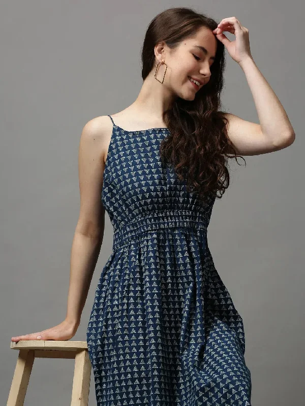 Sustainable Women's Clothing Women's Blue Printed Fit and Flare Dress-SKF-101-Navyblue