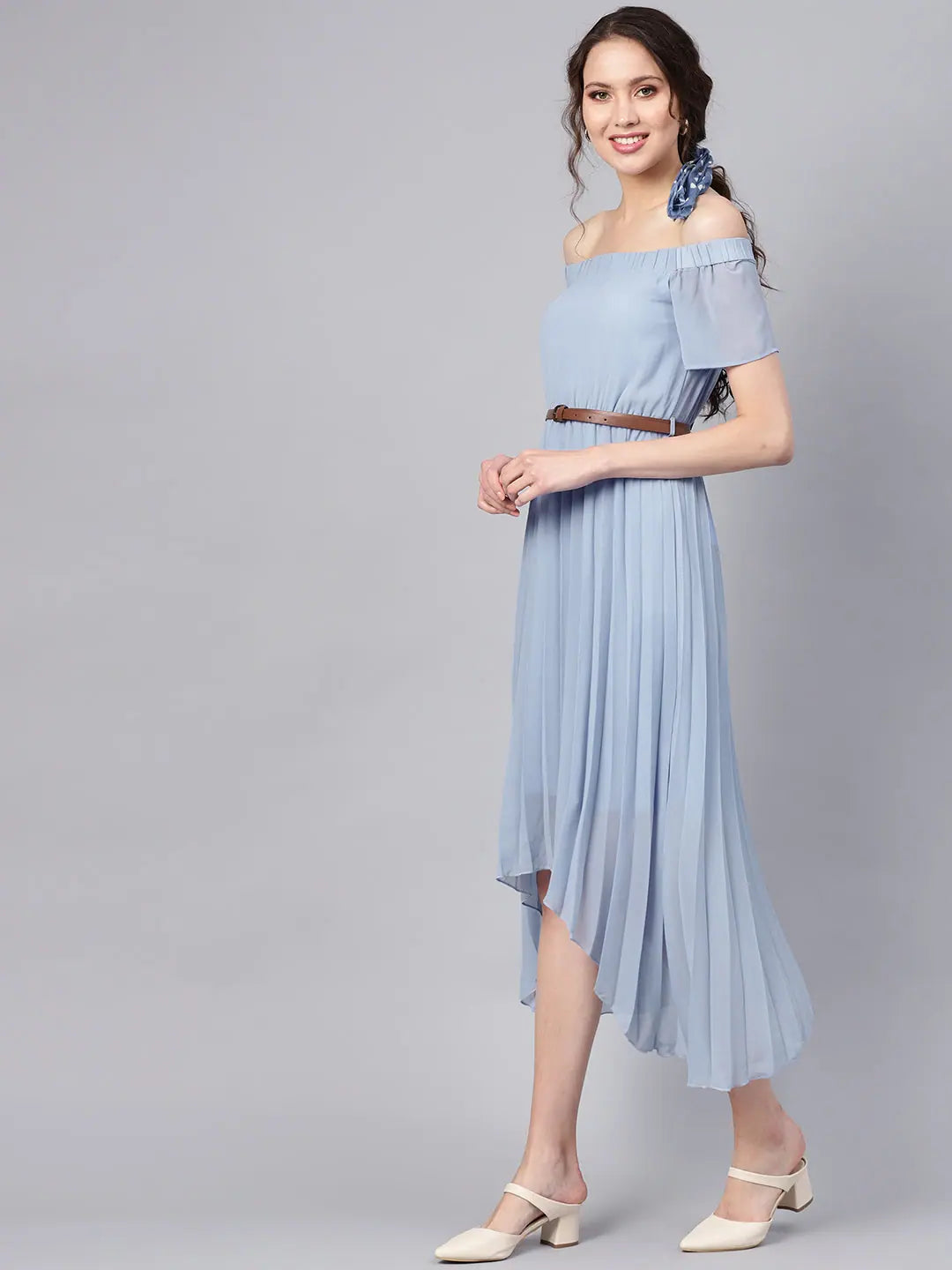 Limited Time Offer Blue Off Shoulder High Low Belted Pleated Dress